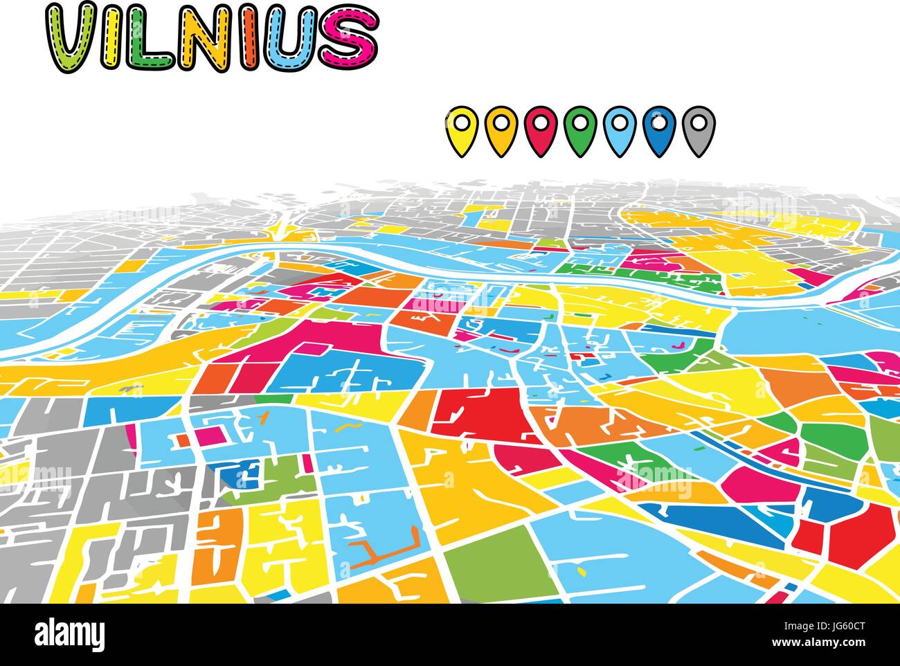 Vilnius, Lituania, Downtown 3D Mappa vettoriale delle famose strade. Primo piano luminoso pieno di colori. Strade bianche, sulle vie navigabili interne e lo sfondo grigio areale e. Wh Illustrazione Vettoriale