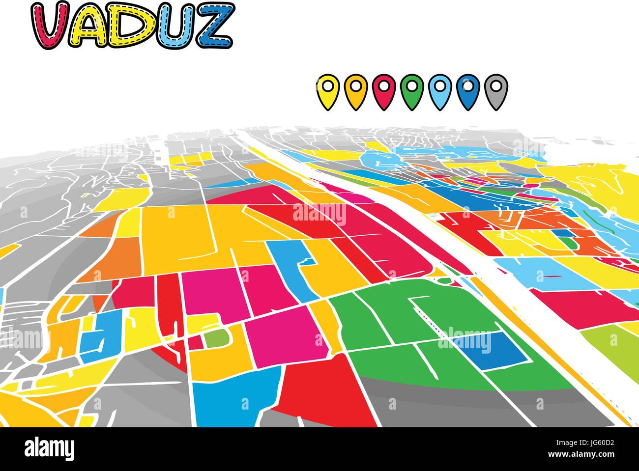 Vaduz, Liechtenstein, Downtown 3D Mappa vettoriale delle famose strade. Primo piano luminoso pieno di colori. Strade bianche, sulle vie navigabili interne e lo sfondo grigio areale e. Illustrazione Vettoriale