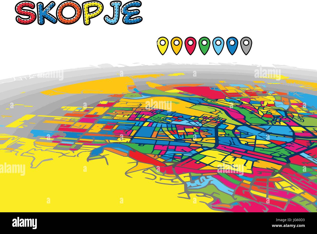 Skopje, Macedonia, Downtown 3D Mappa vettoriale delle famose strade. Primo piano luminoso pieno di colori. Strade bianche, sulle vie navigabili interne e lo sfondo grigio areale e. Whi Illustrazione Vettoriale