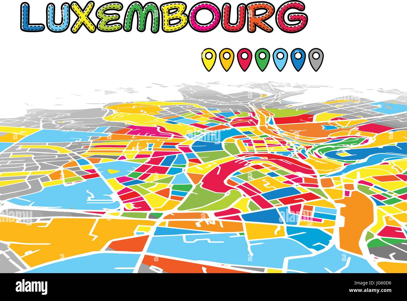 Lussemburgo centro 3D Mappa vettoriale delle famose strade. Primo piano luminoso pieno di colori. Strade bianche, sulle vie navigabili interne e lo sfondo grigio areale e. Orizz bianco Illustrazione Vettoriale