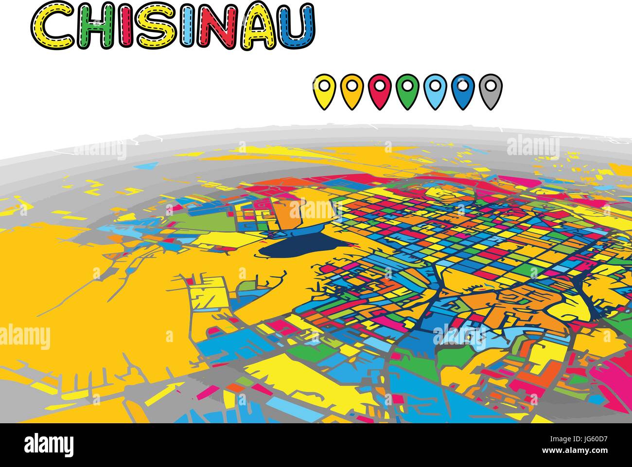 Chisinau, Moldavia, Downtown 3D Mappa vettoriale delle famose strade. Primo piano luminoso pieno di colori. Strade bianche, sulle vie navigabili interne e lo sfondo grigio areale e. Whi Illustrazione Vettoriale