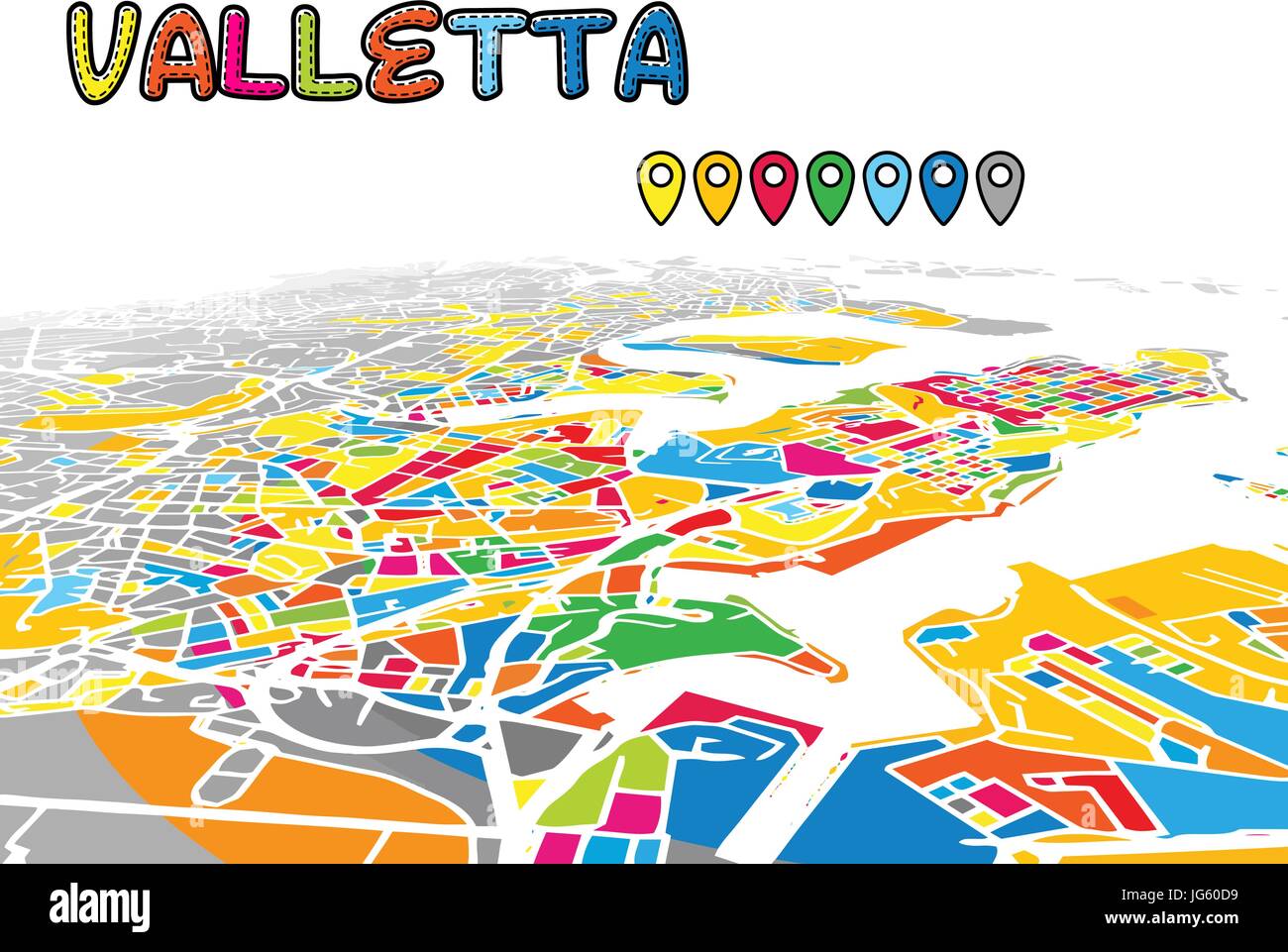 Downtown 3D Mappa vettoriale delle famose strade. Primo piano luminoso pieno di colori. Strade bianche, sulle vie navigabili interne e lo sfondo grigio areale e. Orizzonte bianco. Illustrazione Vettoriale
