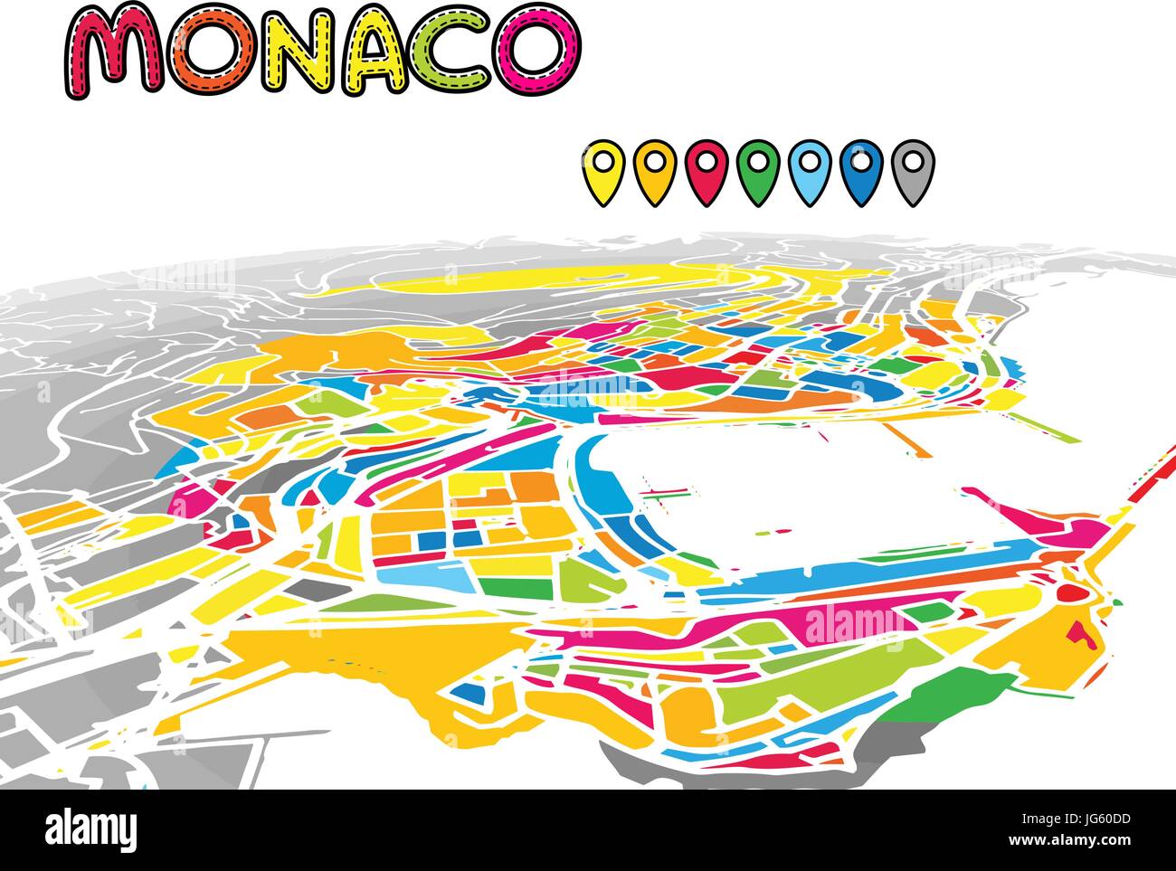 Monaco, Monaco, Downtown 3D Mappa vettoriale delle famose strade. Primo piano luminoso pieno di colori. Strade bianche, sulle vie navigabili interne e lo sfondo grigio areale e. Bianco Illustrazione Vettoriale