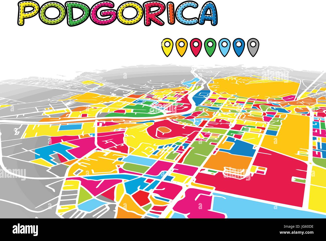 Podgorica, Montenegro, Downtown 3D Mappa vettoriale delle famose strade. Primo piano luminoso pieno di colori. Strade bianche, sulle vie navigabili interne e lo sfondo grigio areale e. Illustrazione Vettoriale