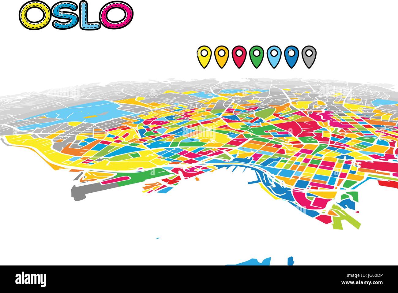 Oslo, Norvegia, Downtown 3D Mappa vettoriale delle famose strade. Primo piano luminoso pieno di colori. Strade bianche, sulle vie navigabili interne e lo sfondo grigio areale e. Ho bianco Illustrazione Vettoriale