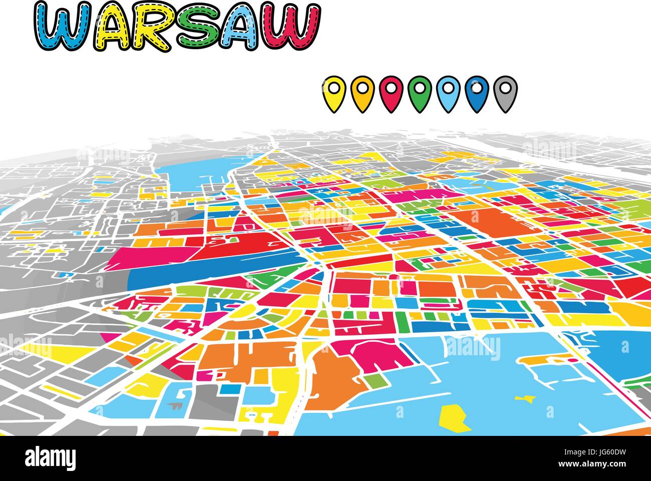 Varsavia, Polonia, Downtown 3D Mappa vettoriale delle famose strade. Primo piano luminoso pieno di colori. Strade bianche, sulle vie navigabili interne e lo sfondo grigio areale e. Bianco Illustrazione Vettoriale