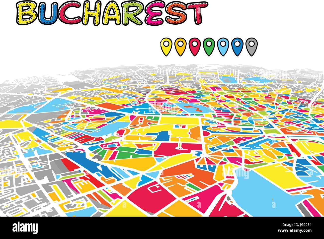 Bucarest, Romania, Downtown 3D Mappa vettoriale delle famose strade. Primo piano luminoso pieno di colori. Strade bianche, sulle vie navigabili interne e lo sfondo grigio areale e. Wh Illustrazione Vettoriale