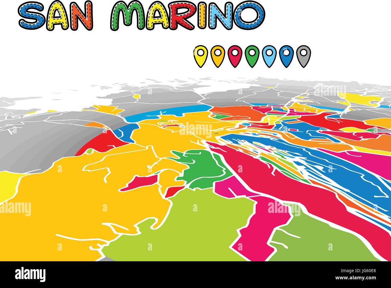 San Marino Downtown 3D Mappa vettoriale delle famose strade. Primo piano luminoso pieno di colori. Strade bianche, sulle vie navigabili interne e lo sfondo grigio areale e. Orizz bianco Illustrazione Vettoriale