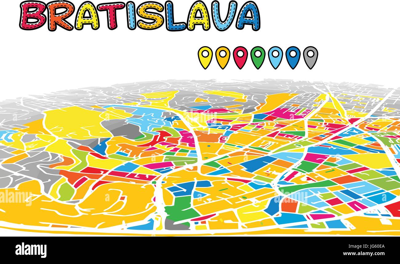 Bratislava, Slovacchia, Downtown 3D Mappa vettoriale delle famose strade. Primo piano luminoso pieno di colori. Strade bianche, sulle vie navigabili interne e lo sfondo grigio areale e. Illustrazione Vettoriale