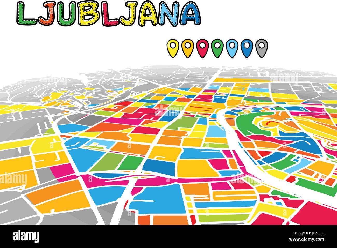 Lubiana, Slovenia, Downtown 3D Mappa vettoriale delle famose strade. Primo piano luminoso pieno di colori. Strade bianche, sulle vie navigabili interne e lo sfondo grigio areale e. W Illustrazione Vettoriale