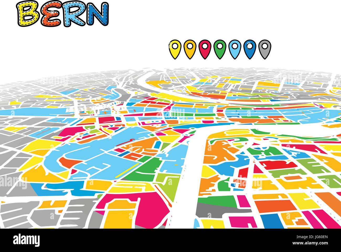 Bern, Svizzera, Downtown 3D Mappa vettoriale delle famose strade. Primo piano luminoso pieno di colori. Strade bianche, sulle vie navigabili interne e lo sfondo grigio areale e. Whi Illustrazione Vettoriale
