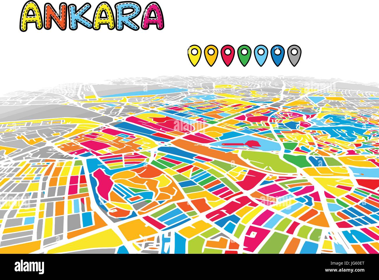 Ankara, Turchia, Downtown 3D Mappa vettoriale delle famose strade. Primo piano luminoso pieno di colori. Strade bianche, sulle vie navigabili interne e lo sfondo grigio areale e. Bianco Illustrazione Vettoriale