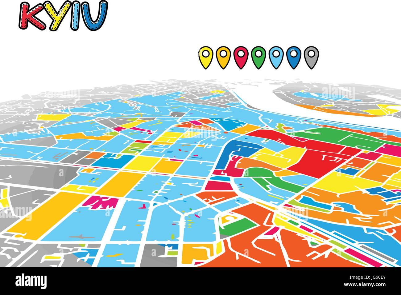 Kiev, Ucraina, Downtown 3D Mappa vettoriale delle famose strade. Primo piano luminoso pieno di colori. Strade bianche, sulle vie navigabili interne e lo sfondo grigio areale e. Bianco H Illustrazione Vettoriale