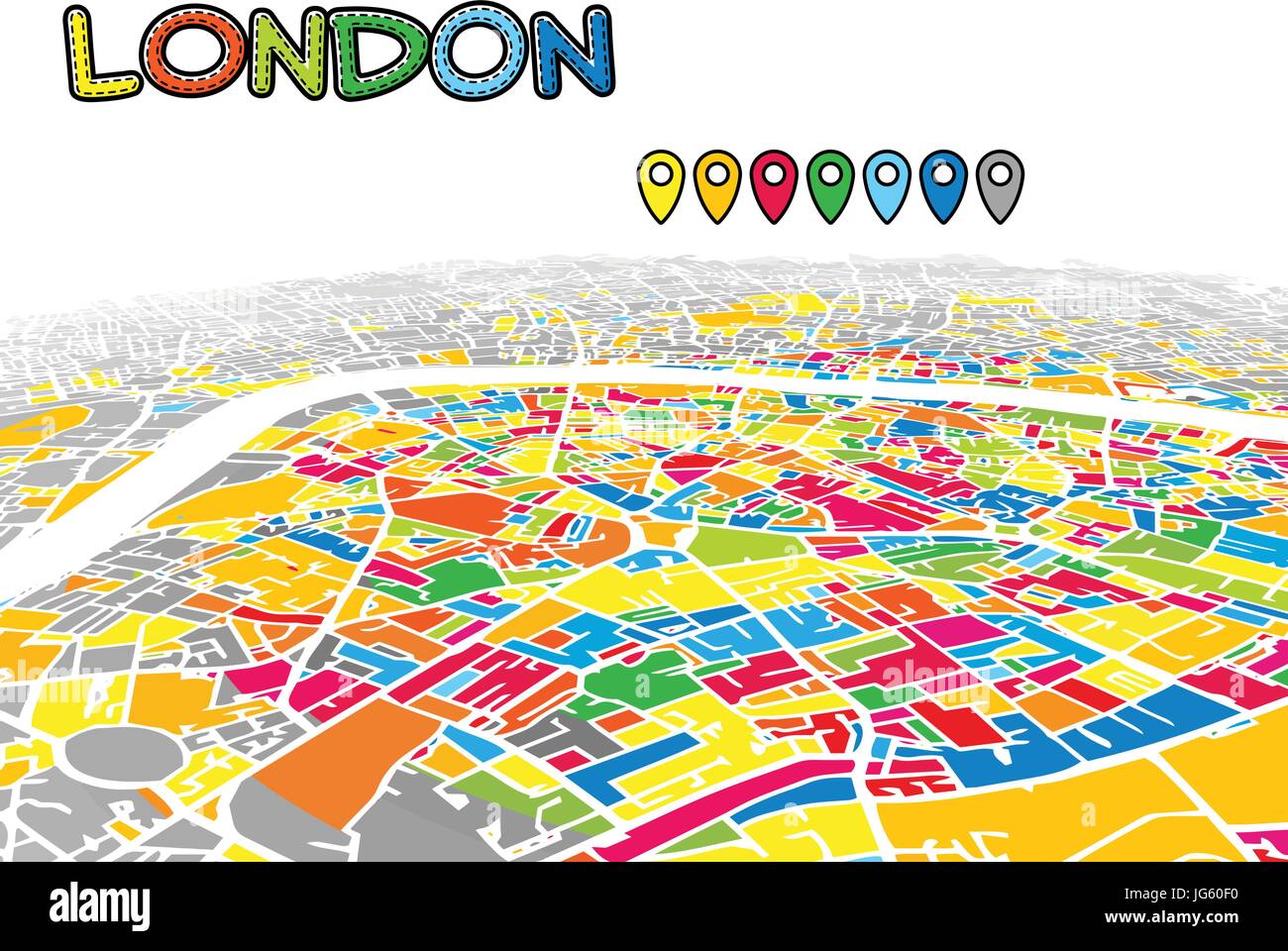 Londra, Regno Unito, Downtown 3D Mappa vettoriale delle famose strade. Primo piano luminoso pieno di colori. Strade bianche, sulle vie navigabili interne e lo sfondo grigio areale di Illustrazione Vettoriale