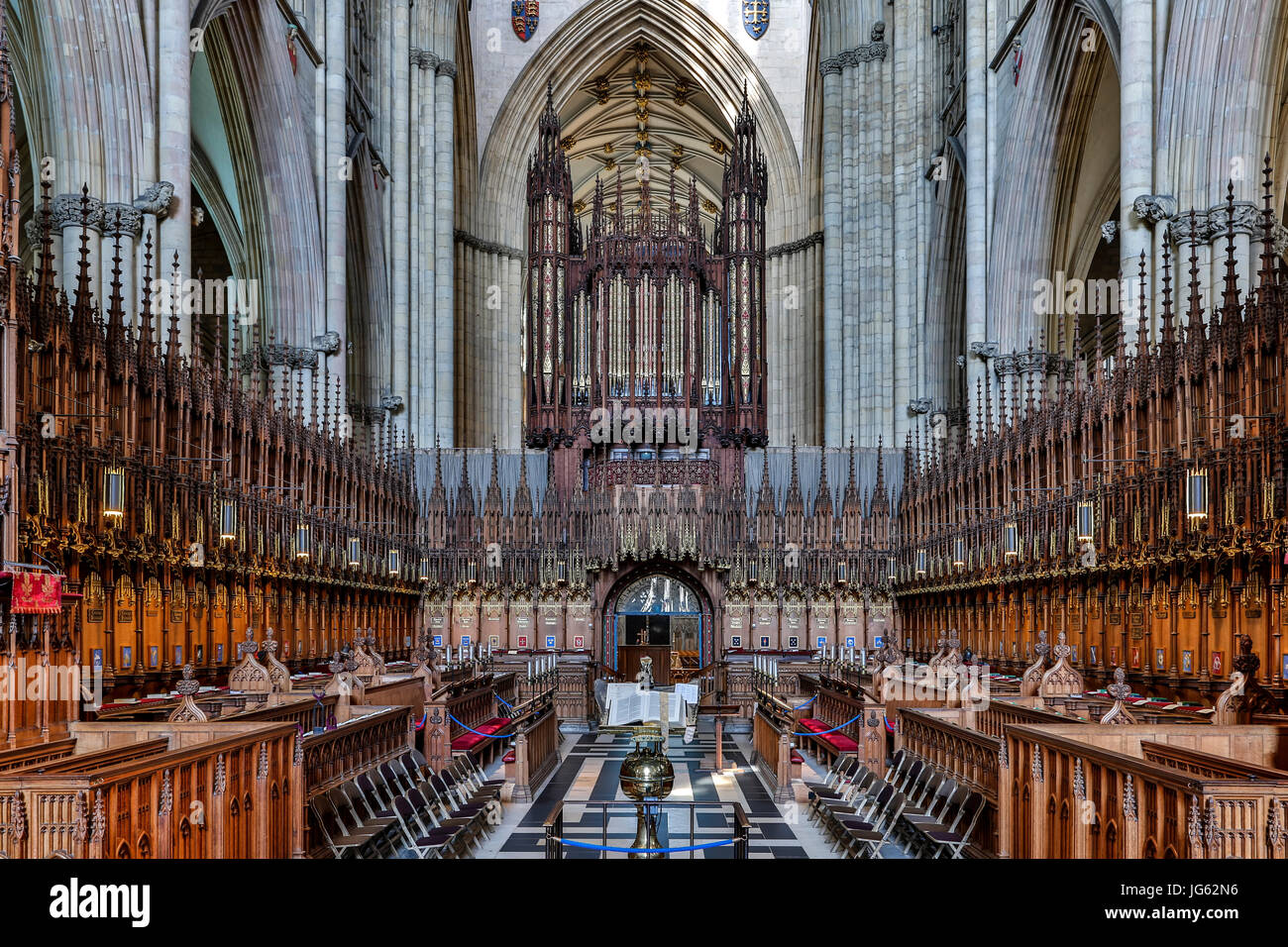 Cudiero (coro), York Minster (la Cattedrale Metropolitical e Chiesa di San Pietro), York, Yorkshire, Inghilterra, Regno Unito Foto Stock