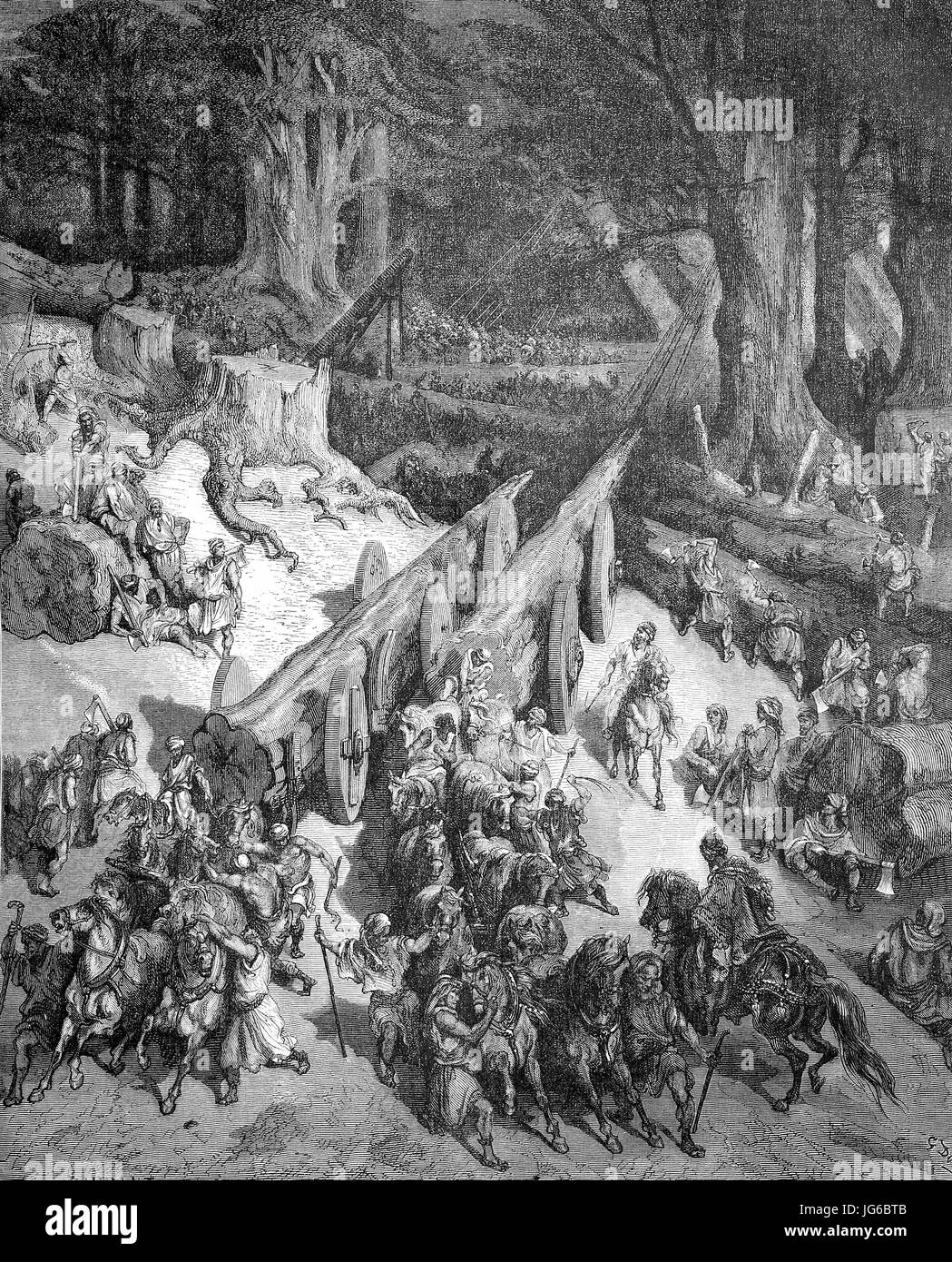 Miglioramento digitale:, abbattimento degli alberi presso i cedri del Libano, Cedrus libani, comunemente noto come il cedro di Leban, illustrazione del XIX secolo Foto Stock