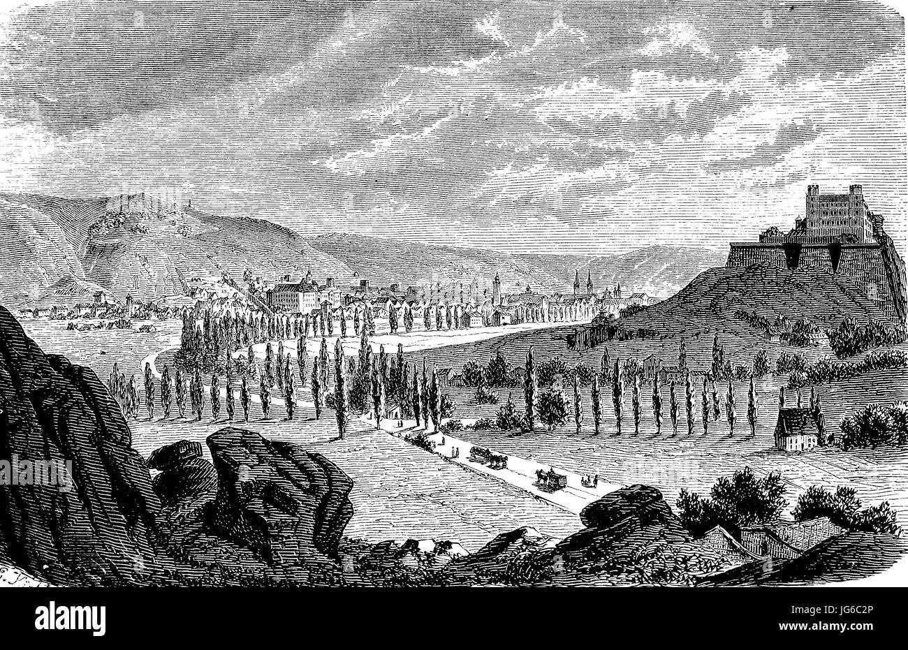 Miglioramento digitale:, vista di Eichstaett, precedentemente anche Eichstaedt o Aichstaed, una città nello stato federale della Baviera, Germania, illustrazione del XIX secolo Foto Stock