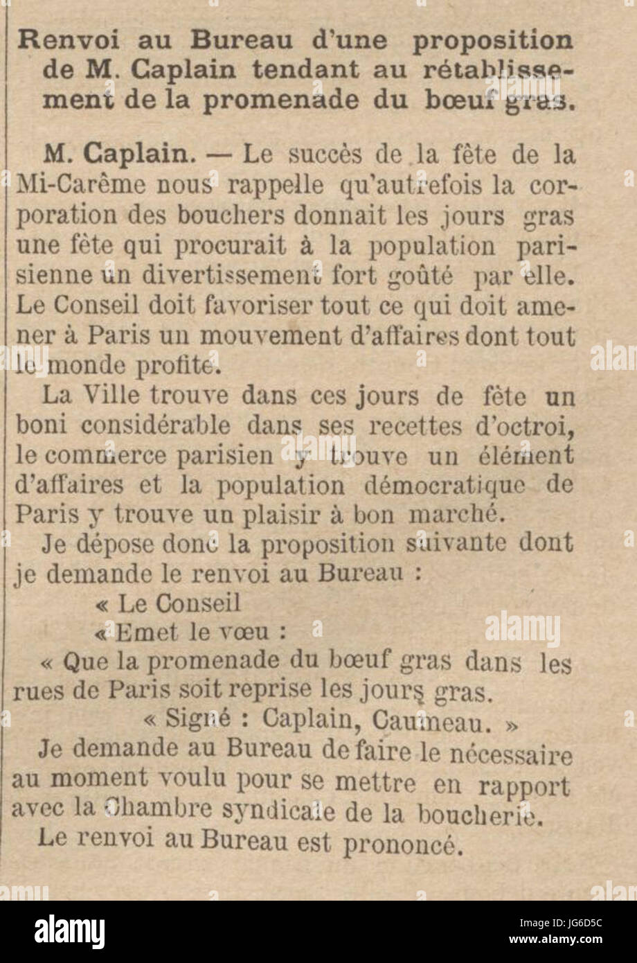 Proposition de rétablissement de la Promenade du Boeuf gras - Hôtel de Ville de Paris - 25 mars 1895 - BMO du 26 Foto Stock