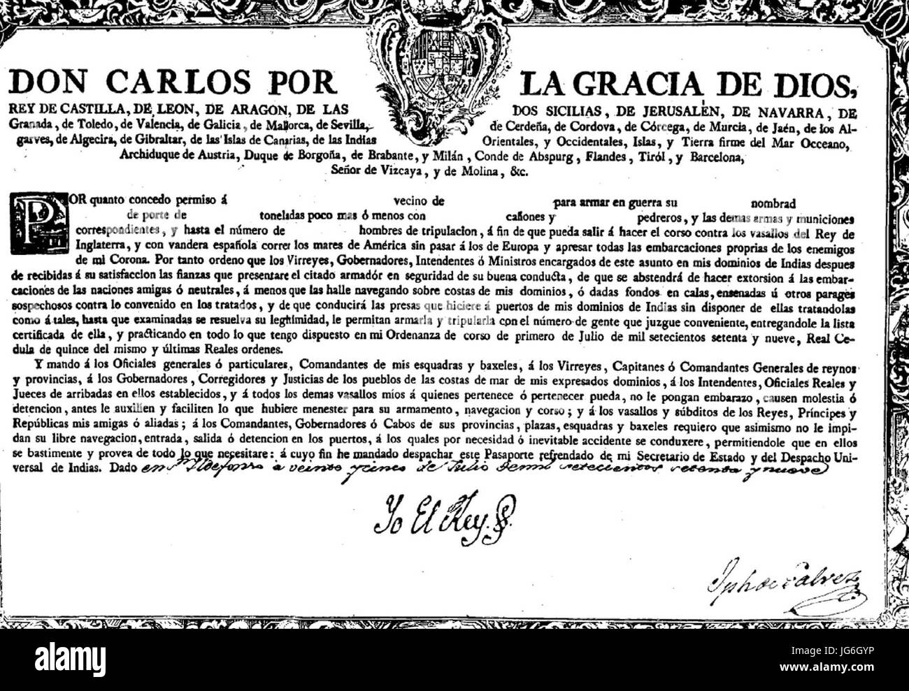 Real Licencia para armar en Guerra Embarcaciones. San Ildefonso, 1779, con firma reale (estampilla), orla, capitolare escudo y grab, firma en esq. inf. derecha Jph de Galvez (José de GơA1lvez y Gallardo) Foto Stock