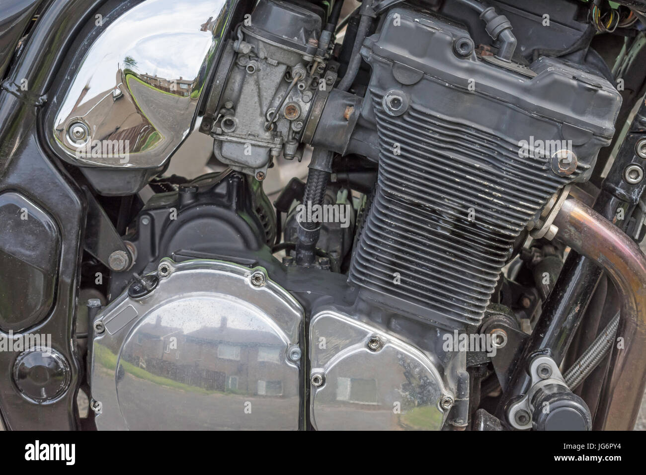 Un'immagine ravvicinata di un motore di una motocicletta Foto Stock
