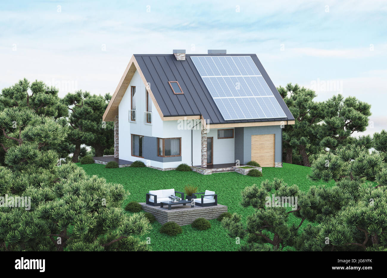 Una casa ecologica con pannelli solari sul tetto Foto Stock