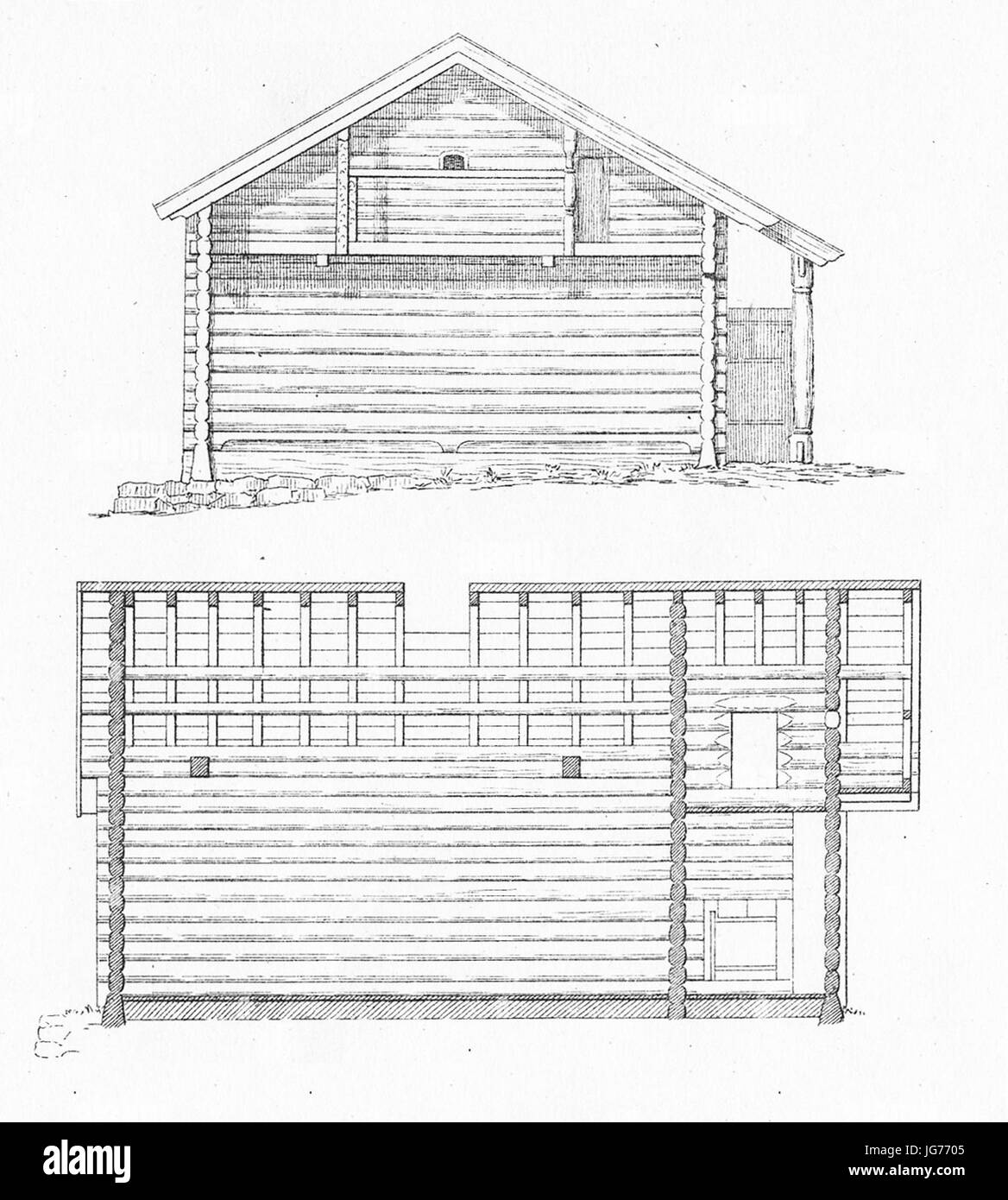 Questa illustrazione, datata 1859, raffigura la Snitt Raulandstua, una tradizionale casa norvegese, che offre informazioni sull'architettura scandinava del XIX secolo e sulla vita rurale. Foto Stock Questa illustrazione, datata 1859, raffigura la Snitt Raulandstua, una tradizionale casa norvegese, che offre informazioni sull'architettura scandinava del XIX secolo e sulla vita rurale. Foto Stock