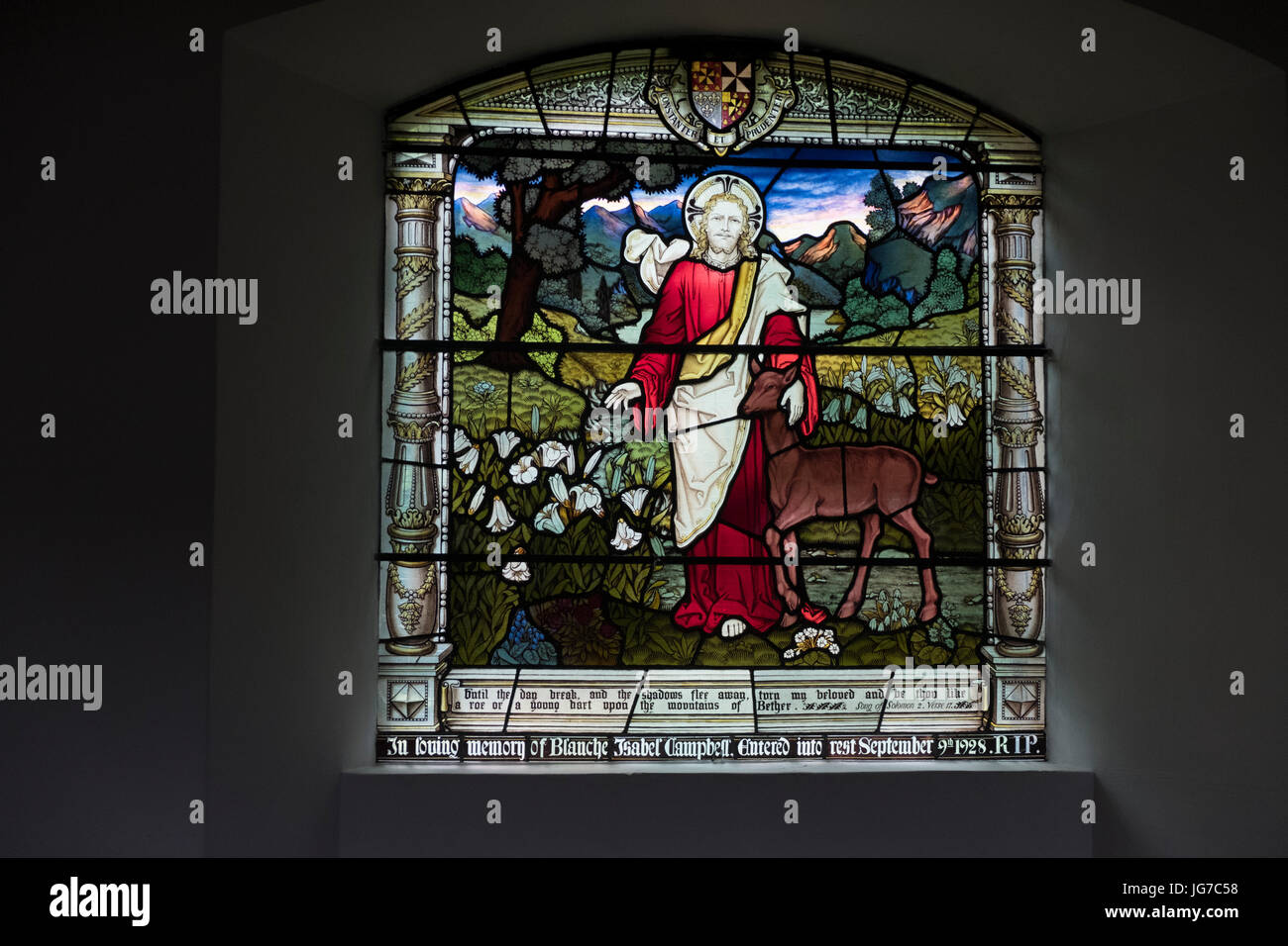 Macchia di finestra di vetro in tutti i santi della Chiesa", "con la cattedrale dei canali' in Braunston, Northamptonshire, Regno Unito Foto Stock