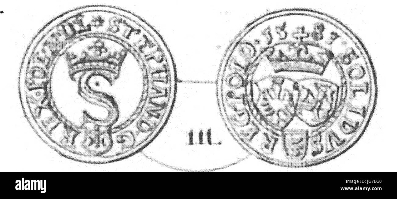 Szeląg Batory 1581 S h.Przegoń Foto Stock