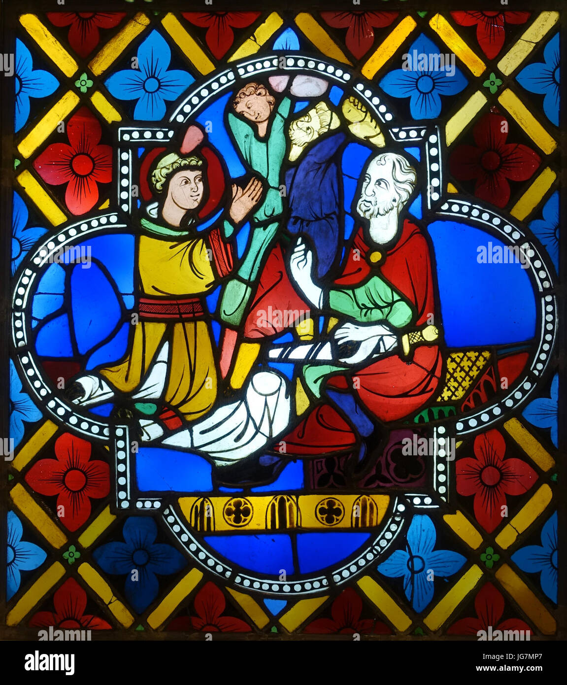 La lapidazione di Santo Stefano, Colonia, c. 1280, il vetro macchiato - Museo Schnütgen - Colonia, Germania - DSC09776 Foto Stock