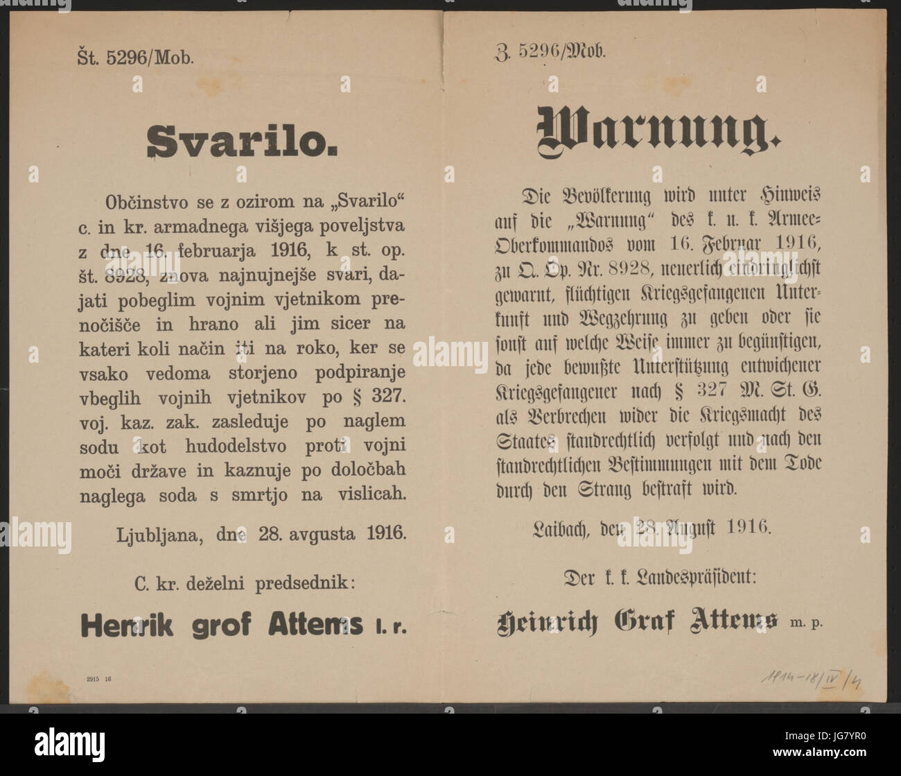 Unterstützung von Kriegsgefangenen - Warnung - Laibach - Mehrsprachiges Plakat 1916 Foto Stock