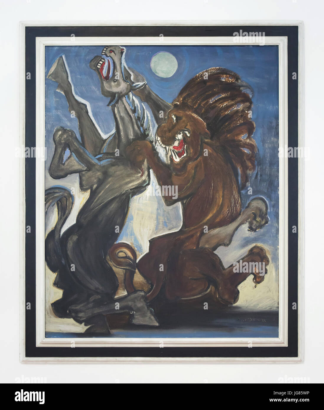 Dipinto 'Cavallo attaccato da un Leone' (1938) dalla Ceca pittore modernista Emil Filla sul display nella galleria del Central Bohemian Region (GASK) a Kutná Hora, Repubblica Ceca. Foto Stock