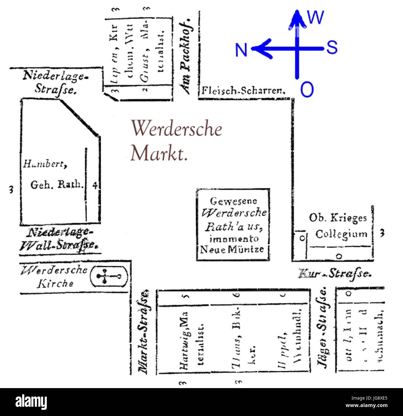 Werderscher Markt anno 1799 aus dem Berl. Adressbuch, Nord-Süd markiert Foto Stock