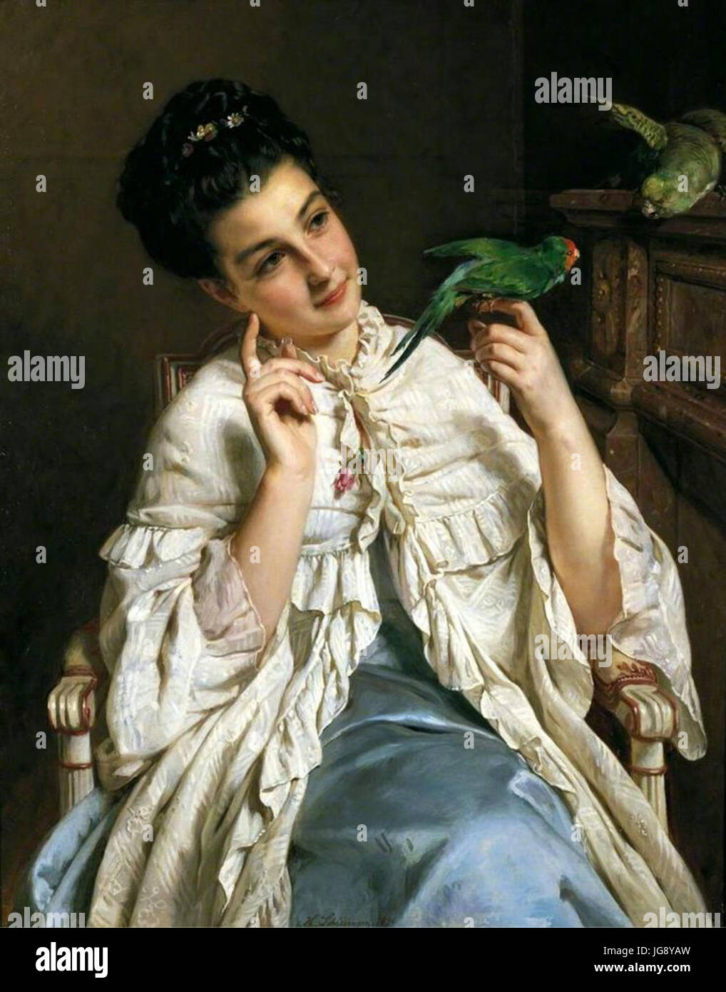 Wilhelm Heinrich Schlesinger - Mädchen mit Papageien Foto Stock