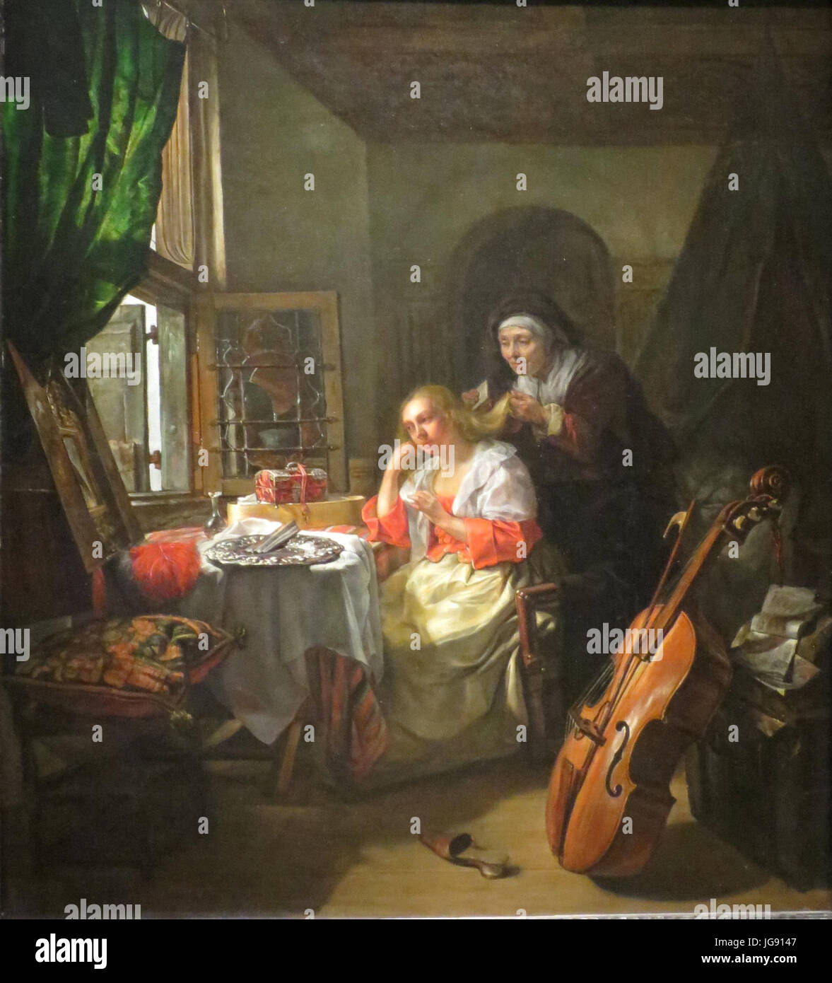 "Donna alla sua Toilette' da Gabriơ3ABl Metsu, c. 1658-60, olio su pannello, Norton Simon Museum Foto Stock