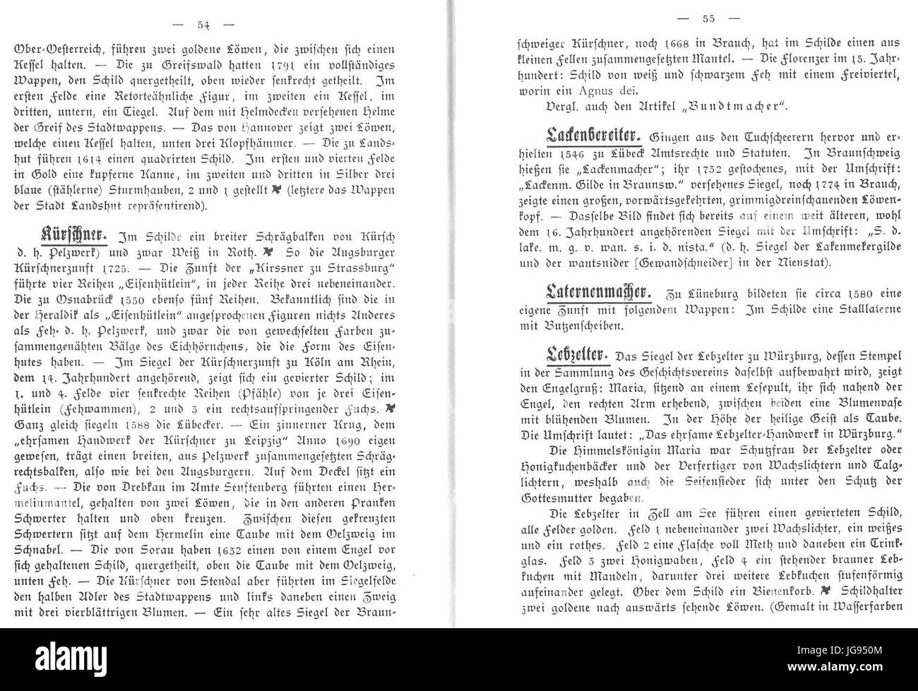 Zunft-Wappen der deutschen Kürschner (und Florenz), Lackenbereiter, Laternenmacher und Lebzelter. Alfred Grenser, 1889 Foto Stock