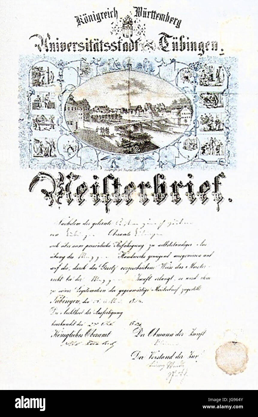 Meisterbrief-Tübingen von SüdOst (Lithographie CFBaumann) ca1850 ( 18) Foto Stock