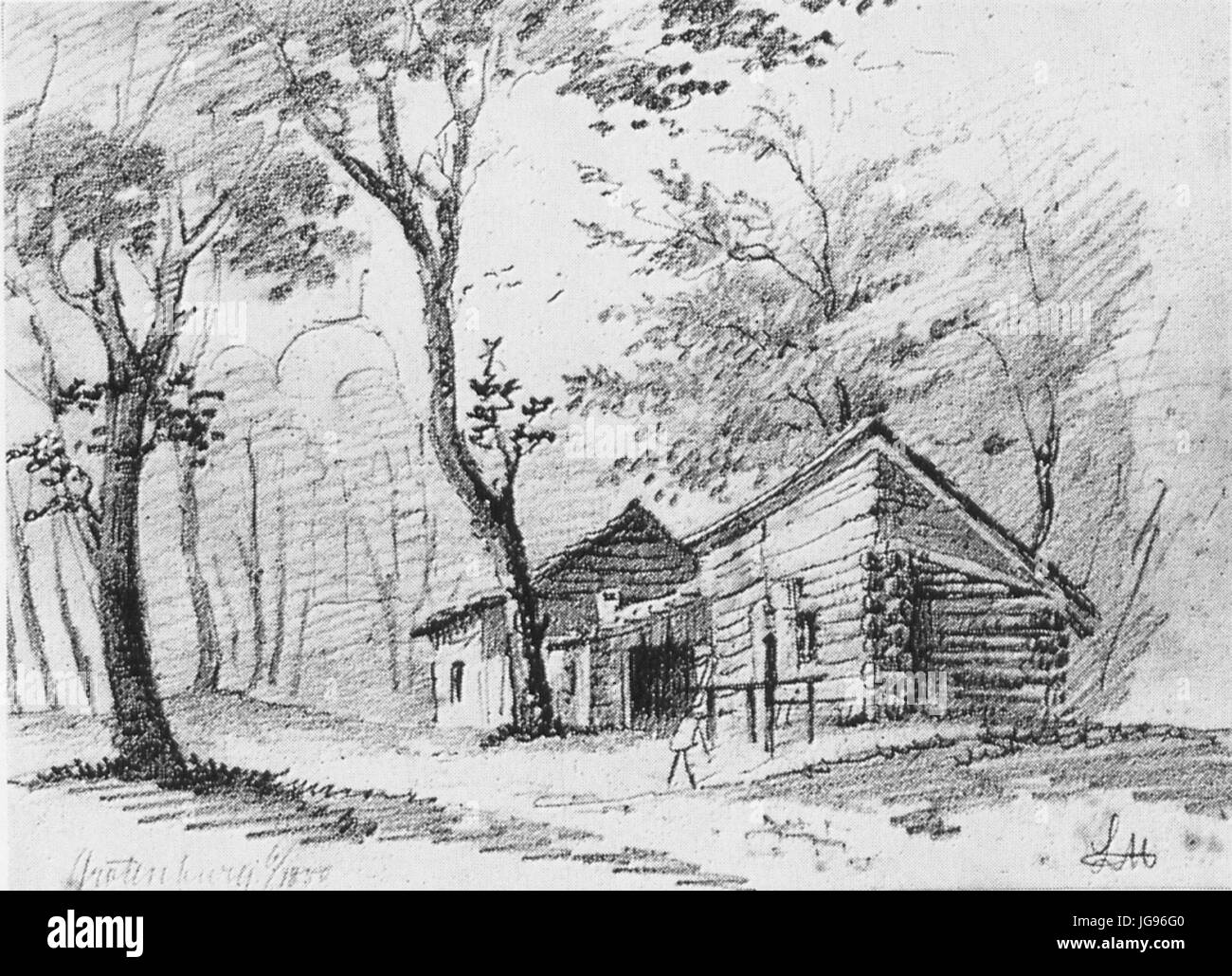 Il "Menke-Arbeitshütten am Hermannsdenkmal" si riferisce alle capanne dei lavoratori vicino all'Hermannsdenkmal, un monumento storico in Germania che commemora la battaglia della foresta di Teutoburgo. Le capanne sono state utilizzate dai lavoratori coinvolti nella costruzione del monumento. Foto Stock