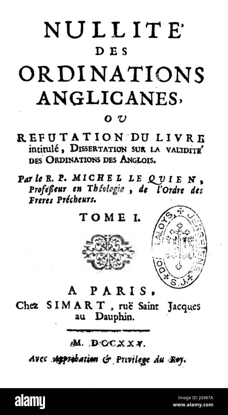 Michel le Quien, Nullité des ordinazioni Anglicanes (1725) Foto Stock