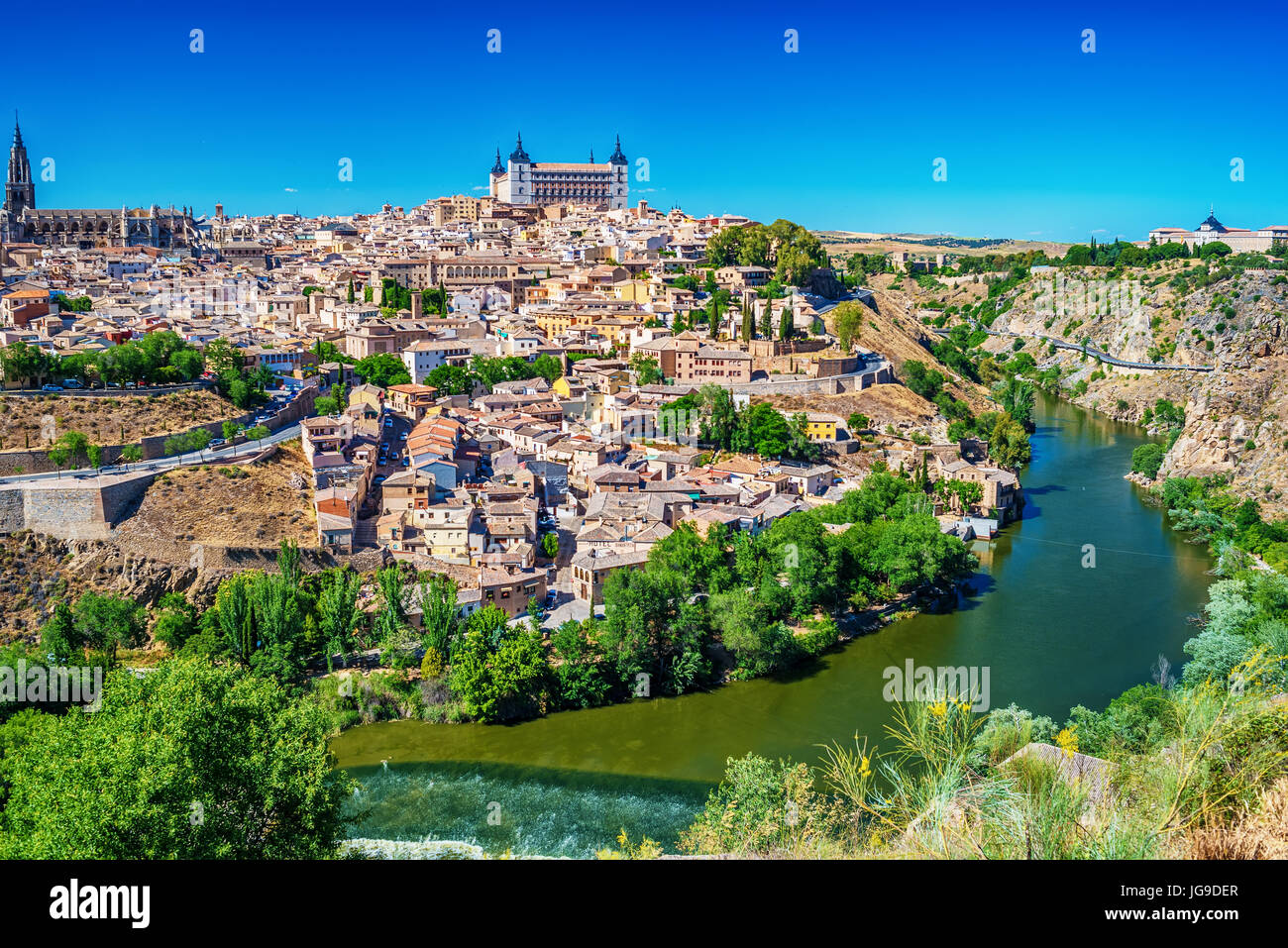 Antenna vista superiore di Toledo, storica capitale della Spagna Foto Stock