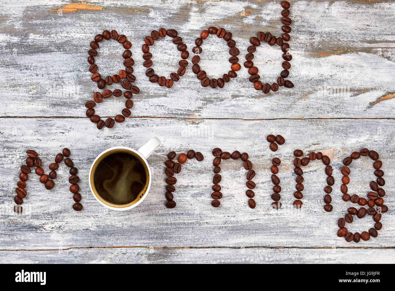 Buona mattina da chicchi di caffè. Foto Stock