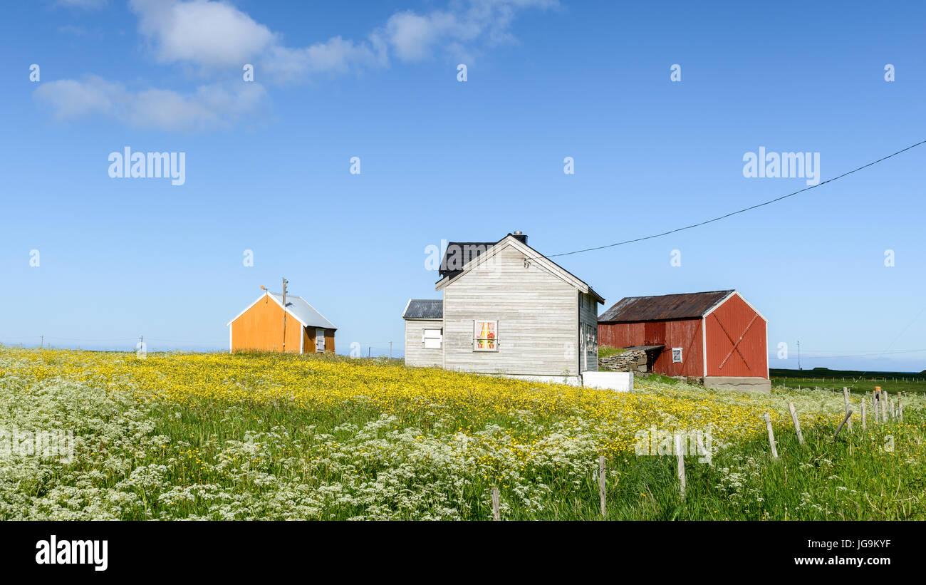 Case e paesaggio di Uttakleiv. Vestvågøy (Lofoten), Nordland, Norvegia. Foto Stock