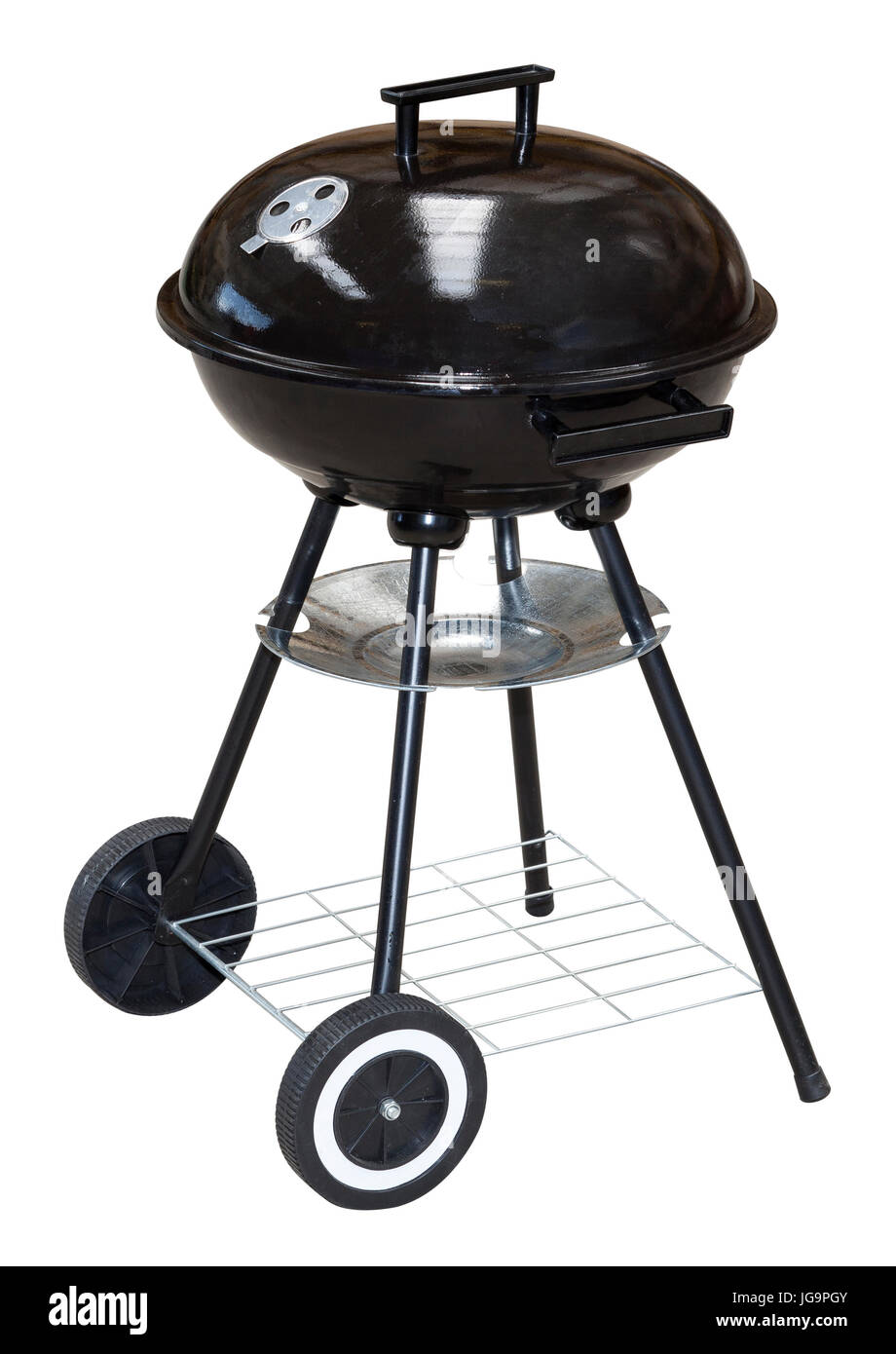 Carrello nero carbone di legna per barbecue grill barbecue sul bianco con percorso di clipping incluso Foto Stock
