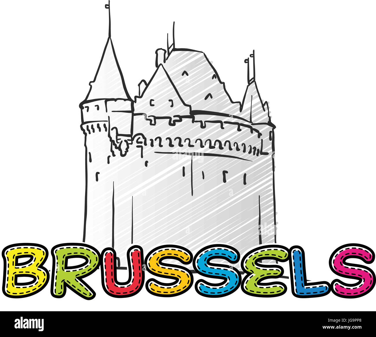 Bruxelles bellissima icona abbozzata, famaous disegnati a mano landmark, il nome della città di scritte, illustrazione vettoriale Illustrazione Vettoriale