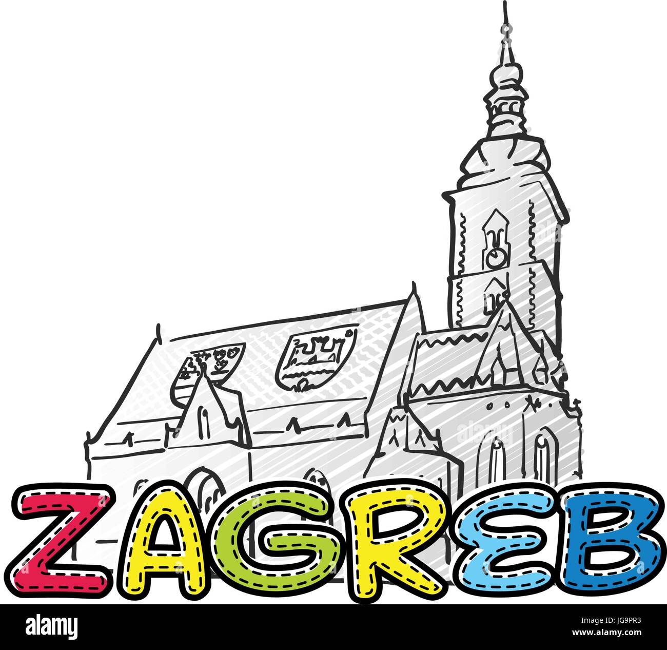 Zagabria bella icona abbozzata, famaous disegnati a mano landmark, il nome della città di scritte, illustrazione vettoriale Illustrazione Vettoriale