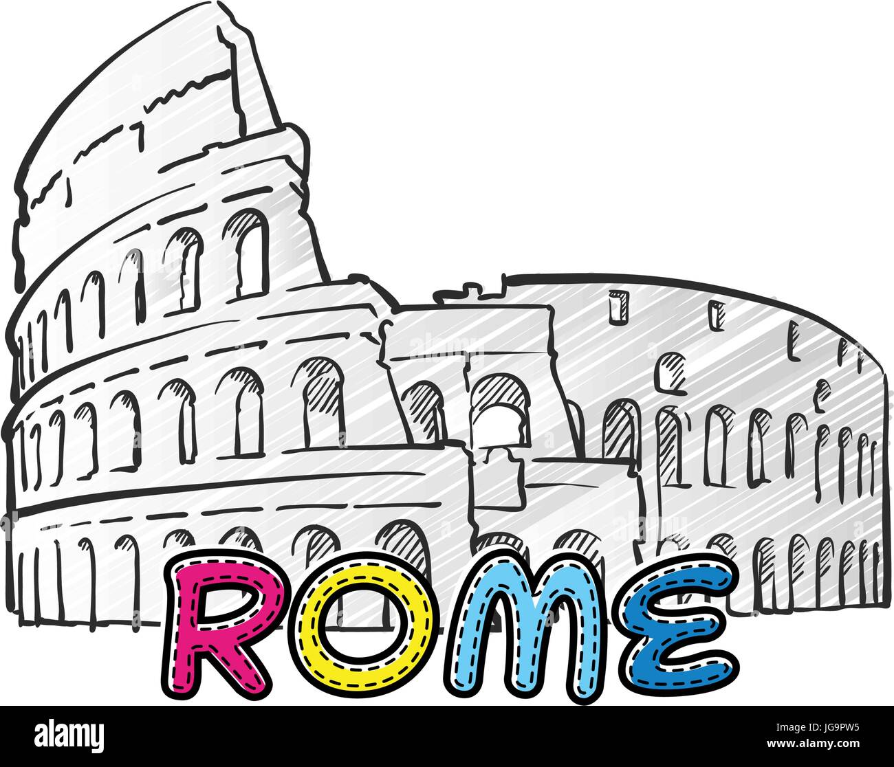 Roma bellissima icona abbozzata, famaous disegnati a mano landmark, il nome della città di scritte, illustrazione vettoriale Illustrazione Vettoriale