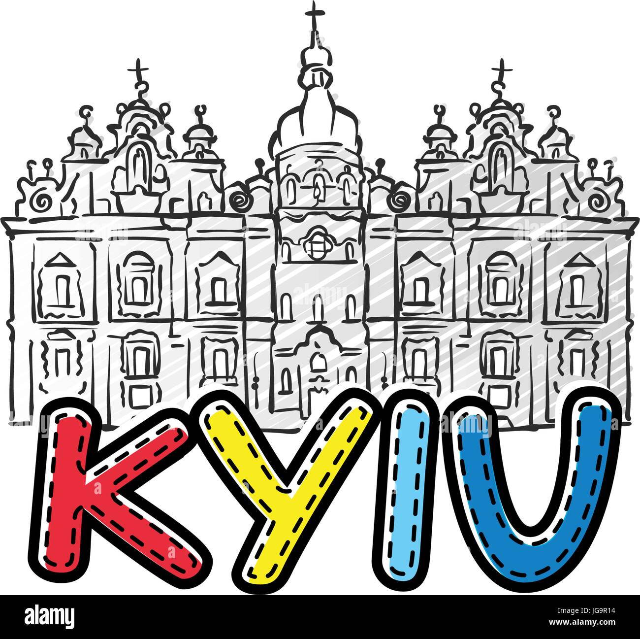 Kiev bellissima icona abbozzata, famaous disegnati a mano landmark, il nome della città di scritte, illustrazione vettoriale Illustrazione Vettoriale