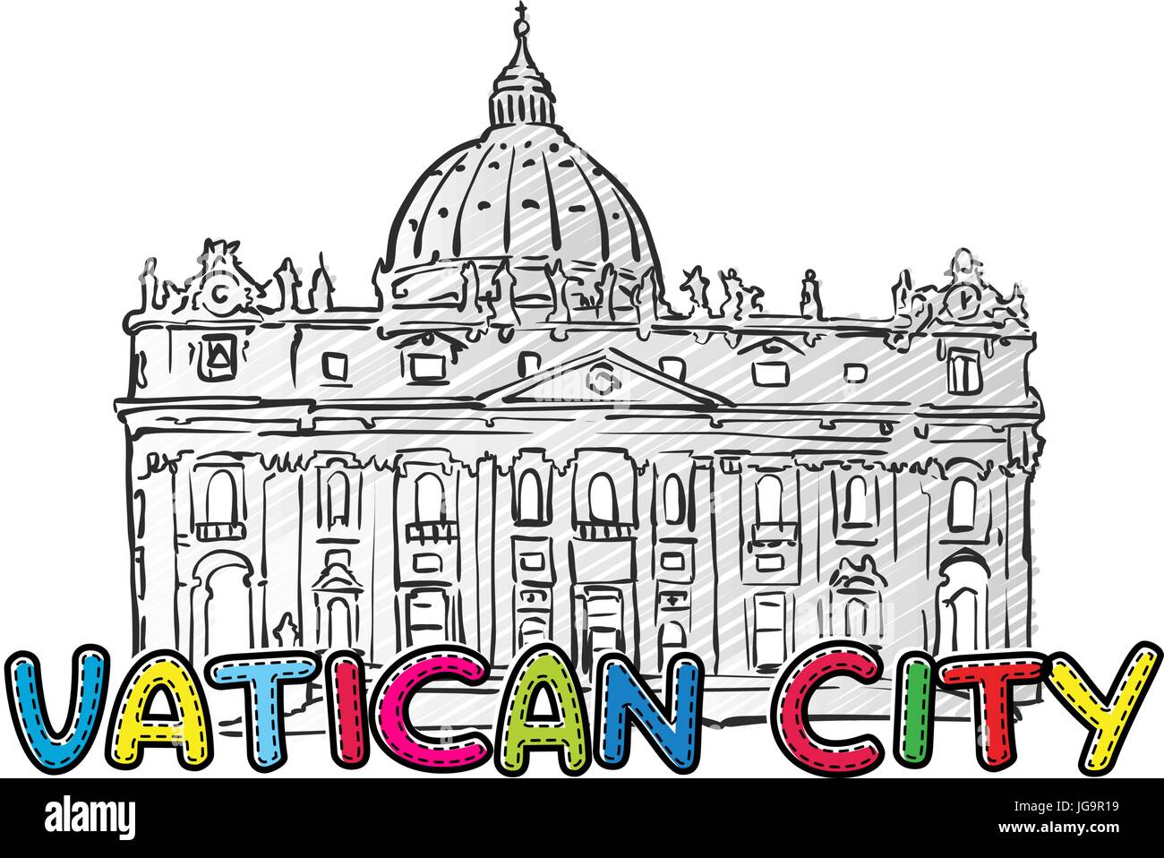 Vaticano bella icona abbozzata, famaous disegnati a mano landmark, il nome della città di scritte, illustrazione vettoriale Illustrazione Vettoriale
