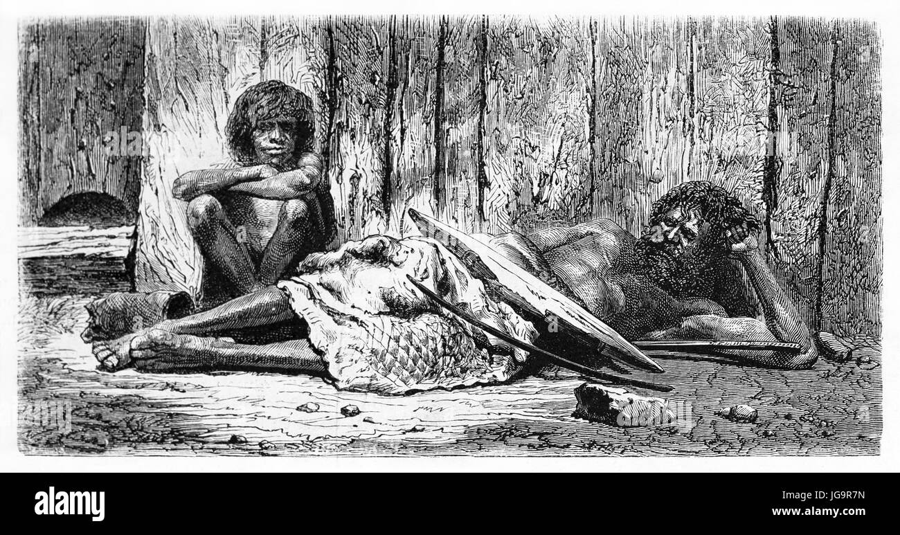 Vecchio ritratto inciso di aborigeni australiani di riposo. Creato da Riou e Gusmand dopo foto di autore ignoto, pubblicato in Le Tour du Monde, Par Foto Stock