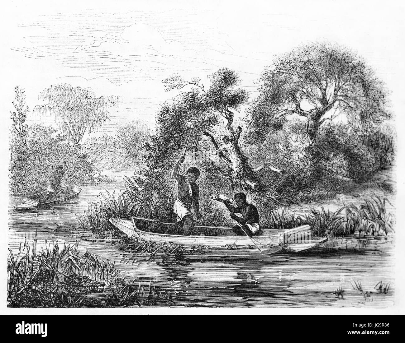 Vecchia illustrazione di pescatori sul fiume Falémé (alla frontiera tra il Senegal e Mali). Creato da Duvaux dopo Nouveaux, pubblicato in Le Tour du Mond Foto Stock