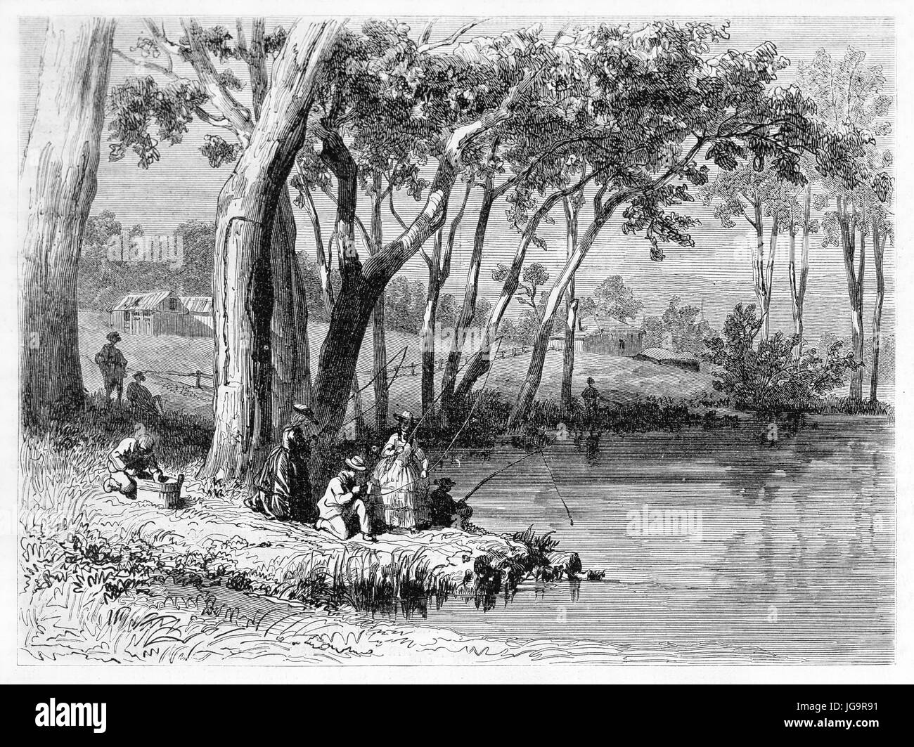 Vecchia illustrazione del popolo angling lungo un fiume nella regione di Victoria, Australia. Creato da Girardet dopo De Castella, pubblicato in Le Tour du Monde, Foto Stock